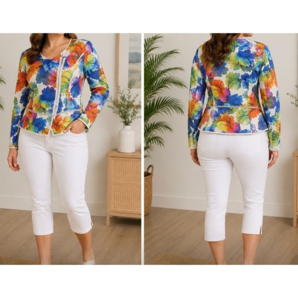Alt. B‎ Moto Jacket Women Large Multicolor Leaf Print Asymmetrical Zip Cropped